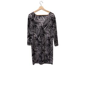 Portocruz Plus Size XXL Black White Palm Leaf Print V-Neck 3/4 Swim Cover Up